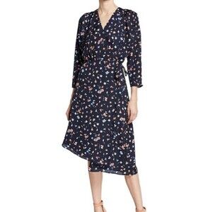 Joie Wrap Dress Floral Print Navy Midi Asymmetrical Hem NWT - Size XS